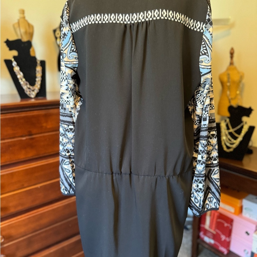 Hale Bob Black White Blue Tan Design Long Sleeve Pullover Dress Sz L Knee Length - Picture 5 of 16